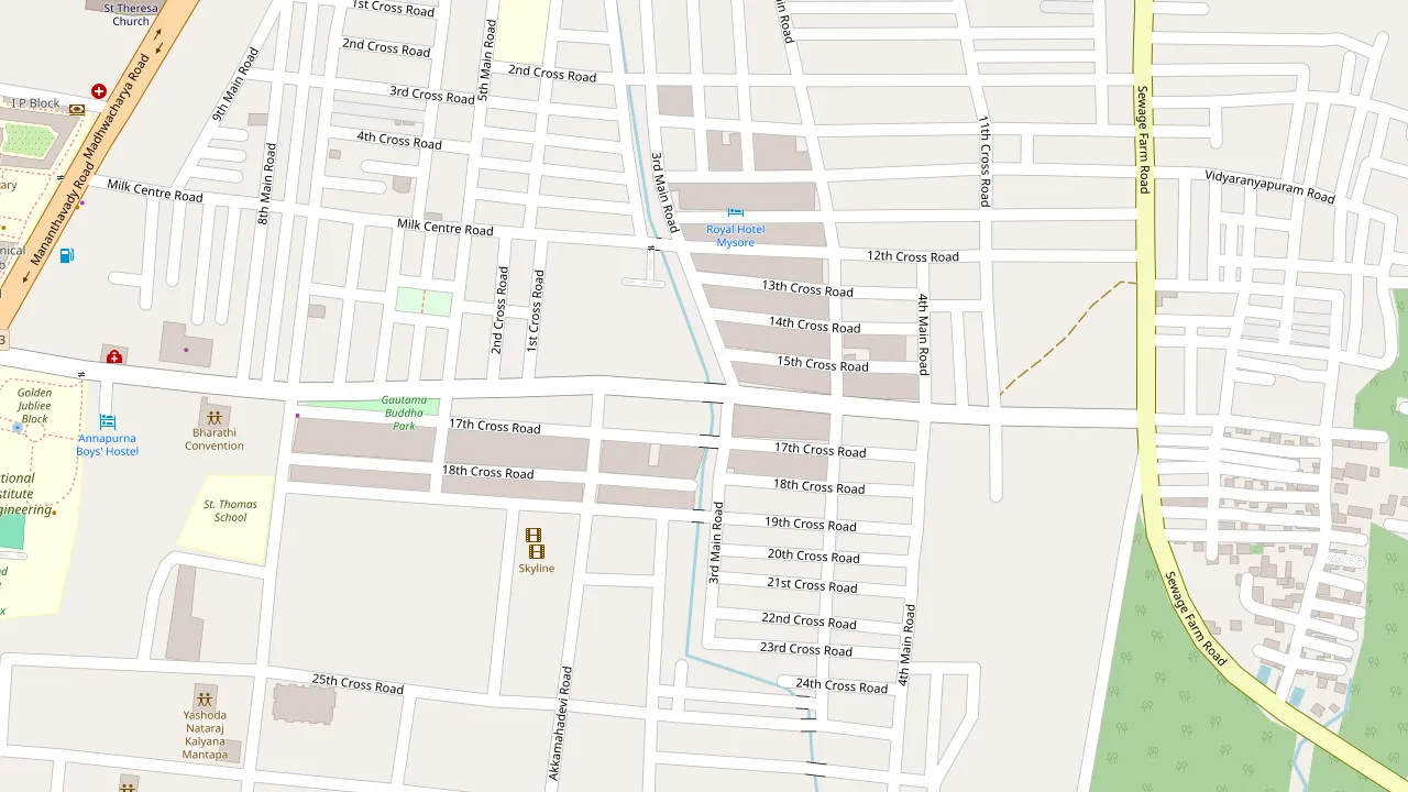 Street map of Vidyaranyapuram, Mysuru, with a pin on P5 India at 4th Main and 16th Cross
