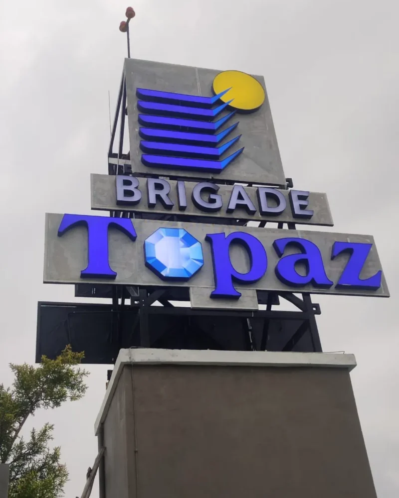 Brigade Topaz project pylon with blue letters and the Brigade mark
