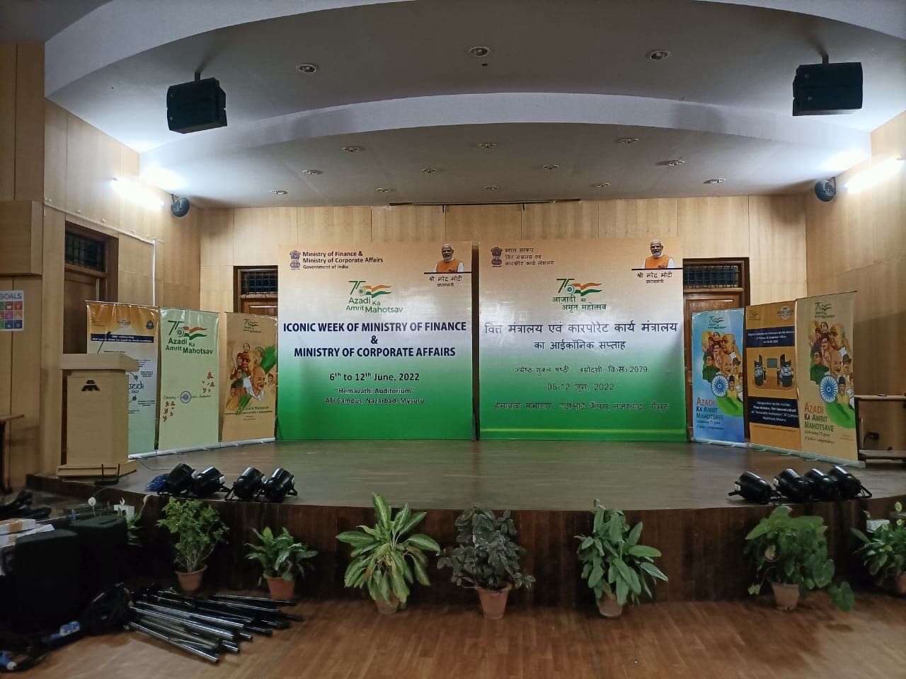 Stage backdrop and standees for an Iconic Week event of the Ministry of Finance and Ministry of Corporate Affairs