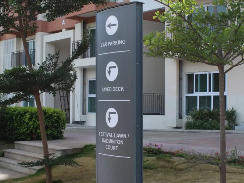 Mini pylon wayfinding board at an apartment complex
